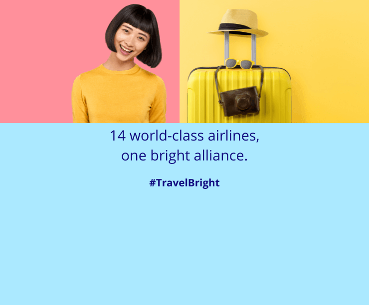 Traveller standing next to beach scene. Text on image says 14 world-class airlines, one bright alliance